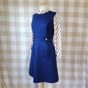 Vintage 60s 70s Navy Blue Mod A Line Dress Contrast Print Handmade Mad MenSize M